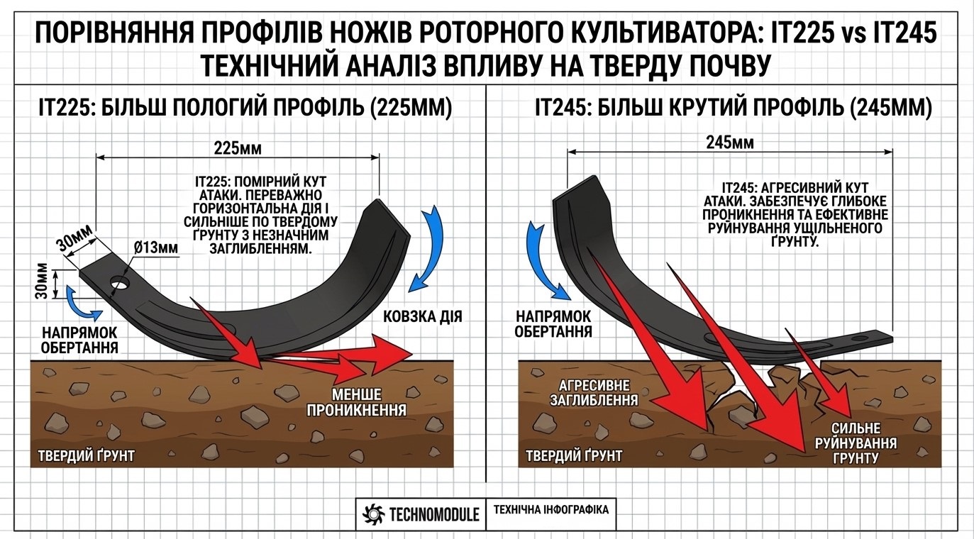 Side-by-side photo of IT225 and IT245 rototiller blades on a workbench