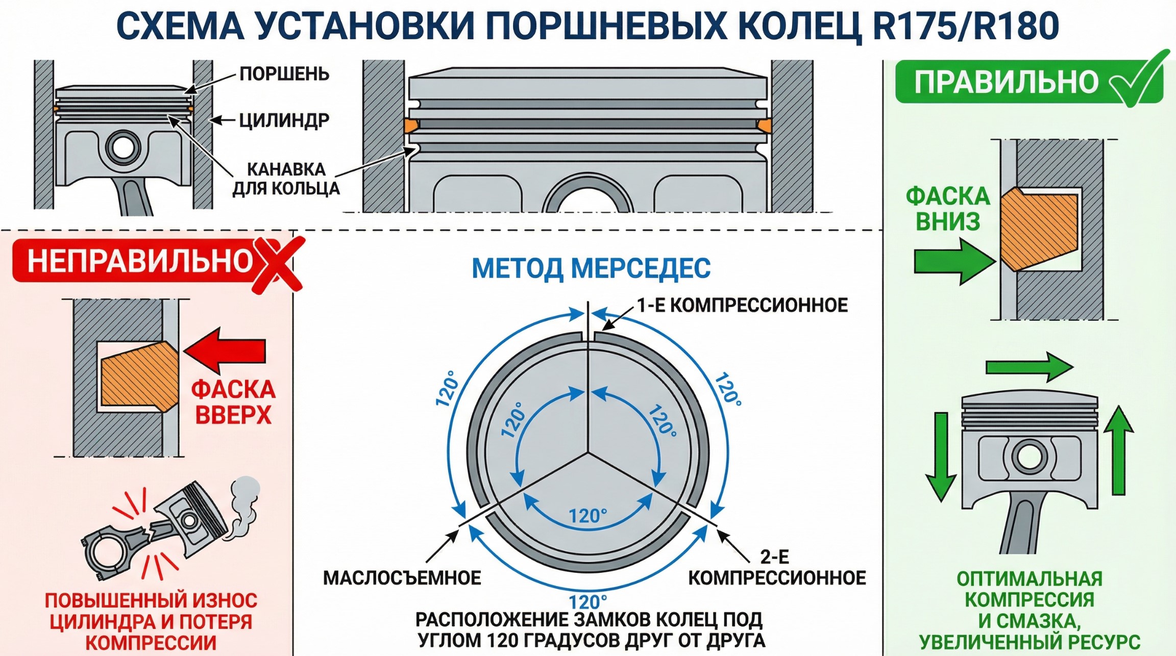 Infographic showing correct piston ring installation orientation R175 R180 engine, chamfer direction and 120 degree gap alignment scheme