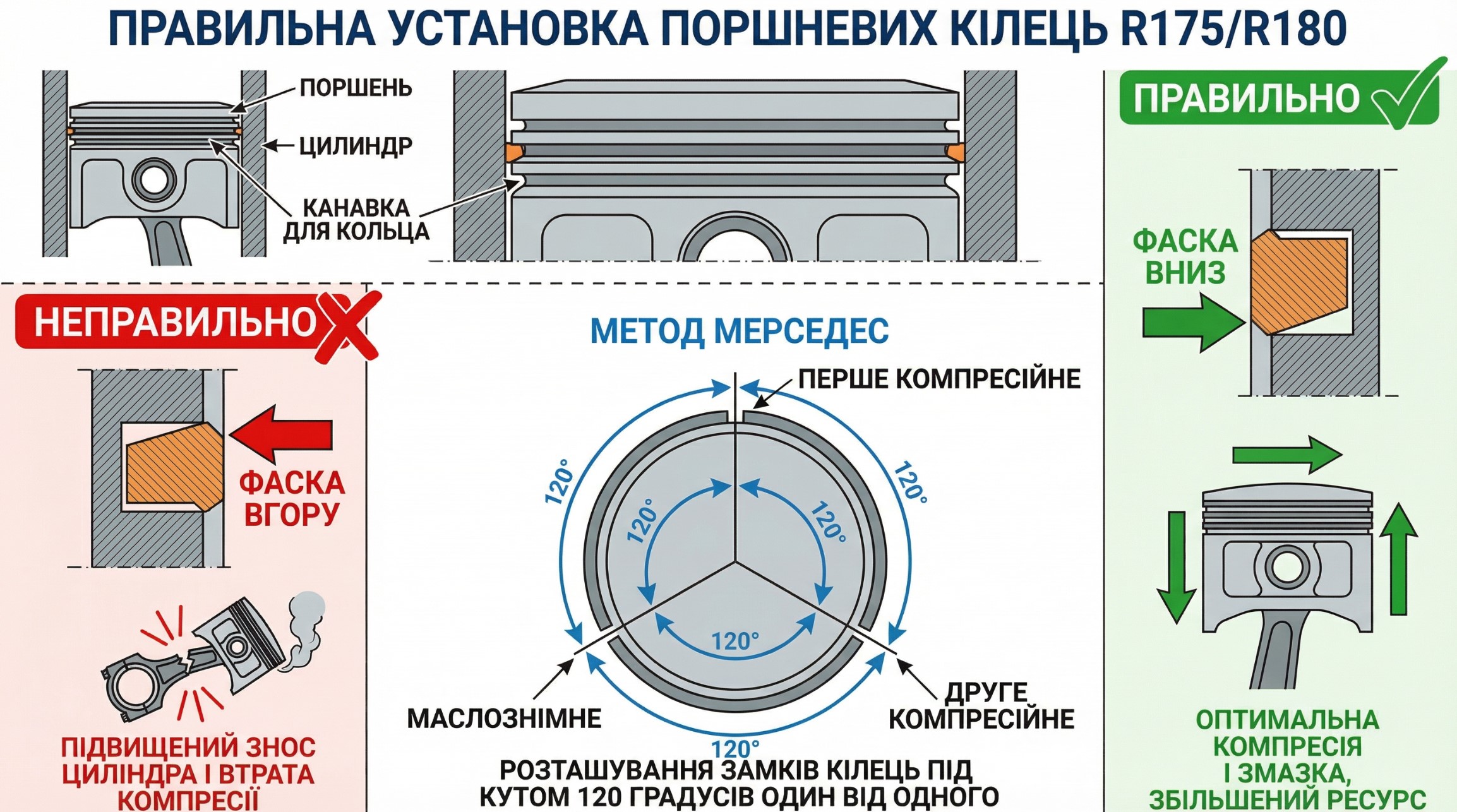 Infographic showing correct piston ring installation orientation R175 R180 engine, chamfer direction and 120 degree gap alignment scheme