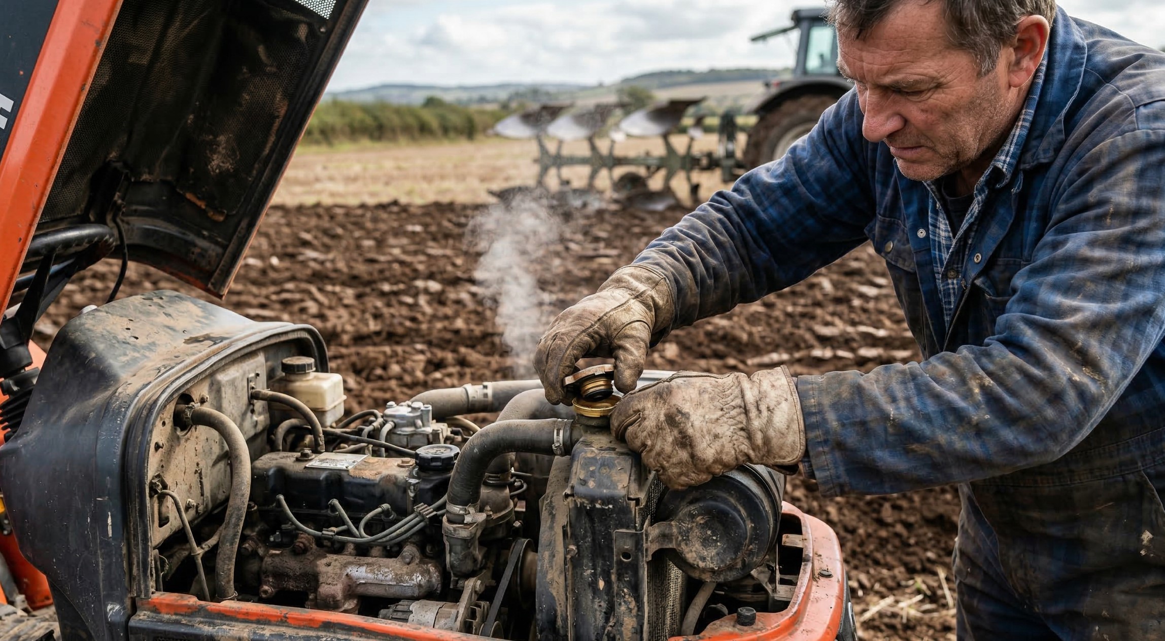 careful opening of a boiling tractor radiator cap in the field