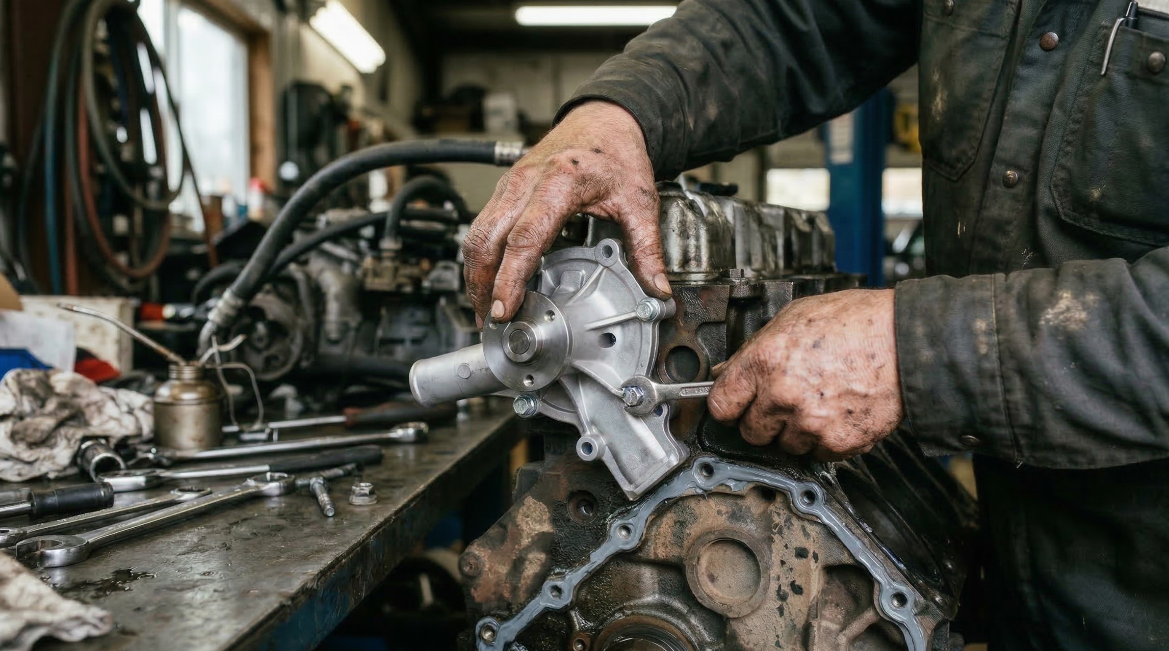 close up of mechanic hands installing a new water pump on a diesel engine block