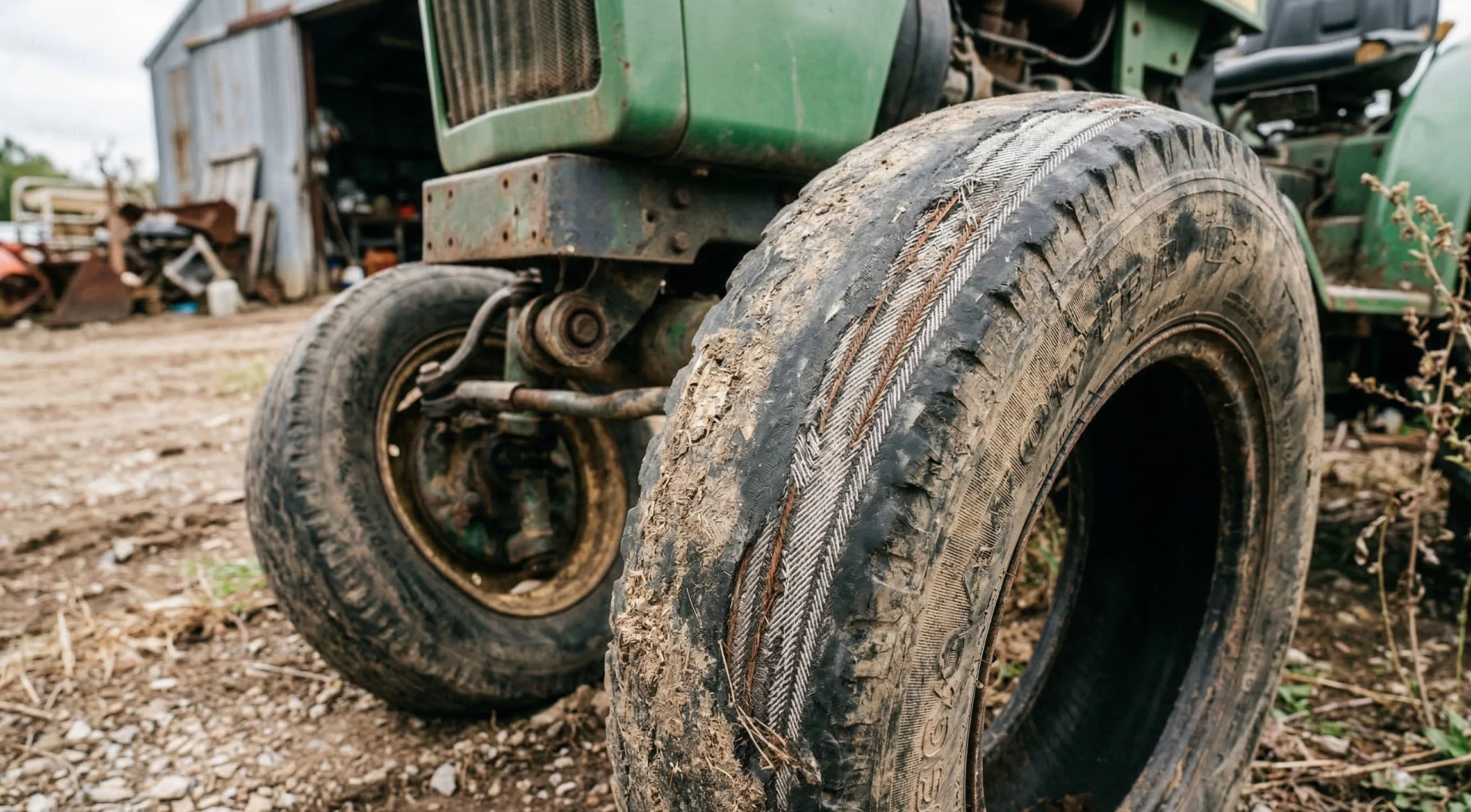 severely worn mini tractor tire due to front axle play