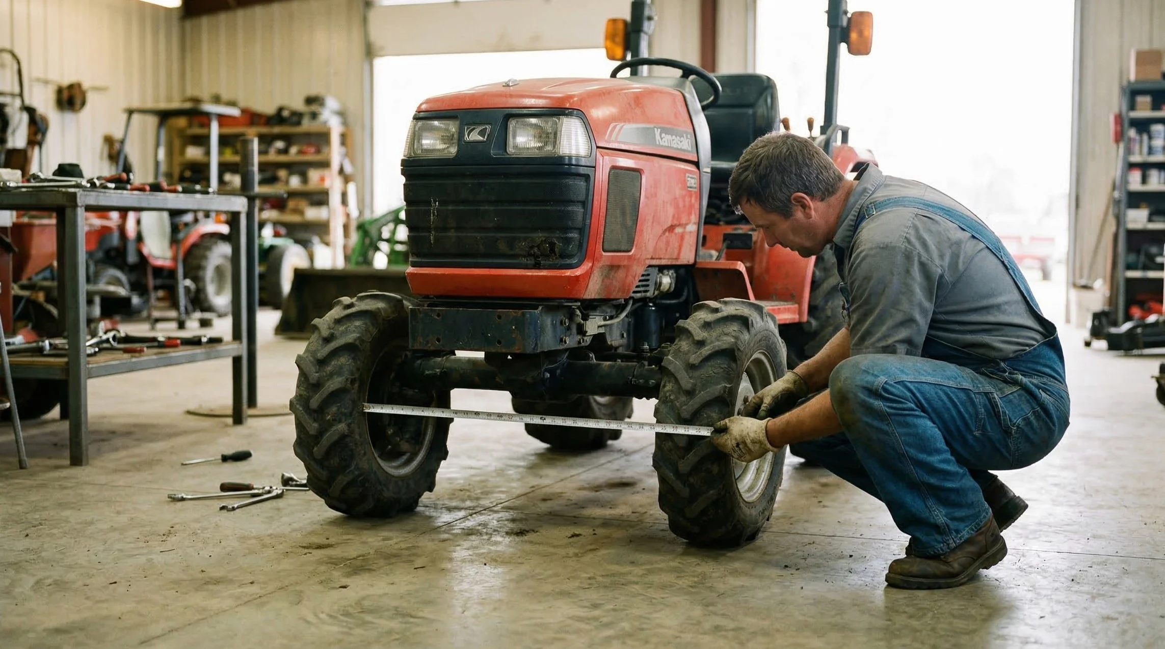 mechanic measuring distance between front tractor tires with a tape measure to adjust toe-in