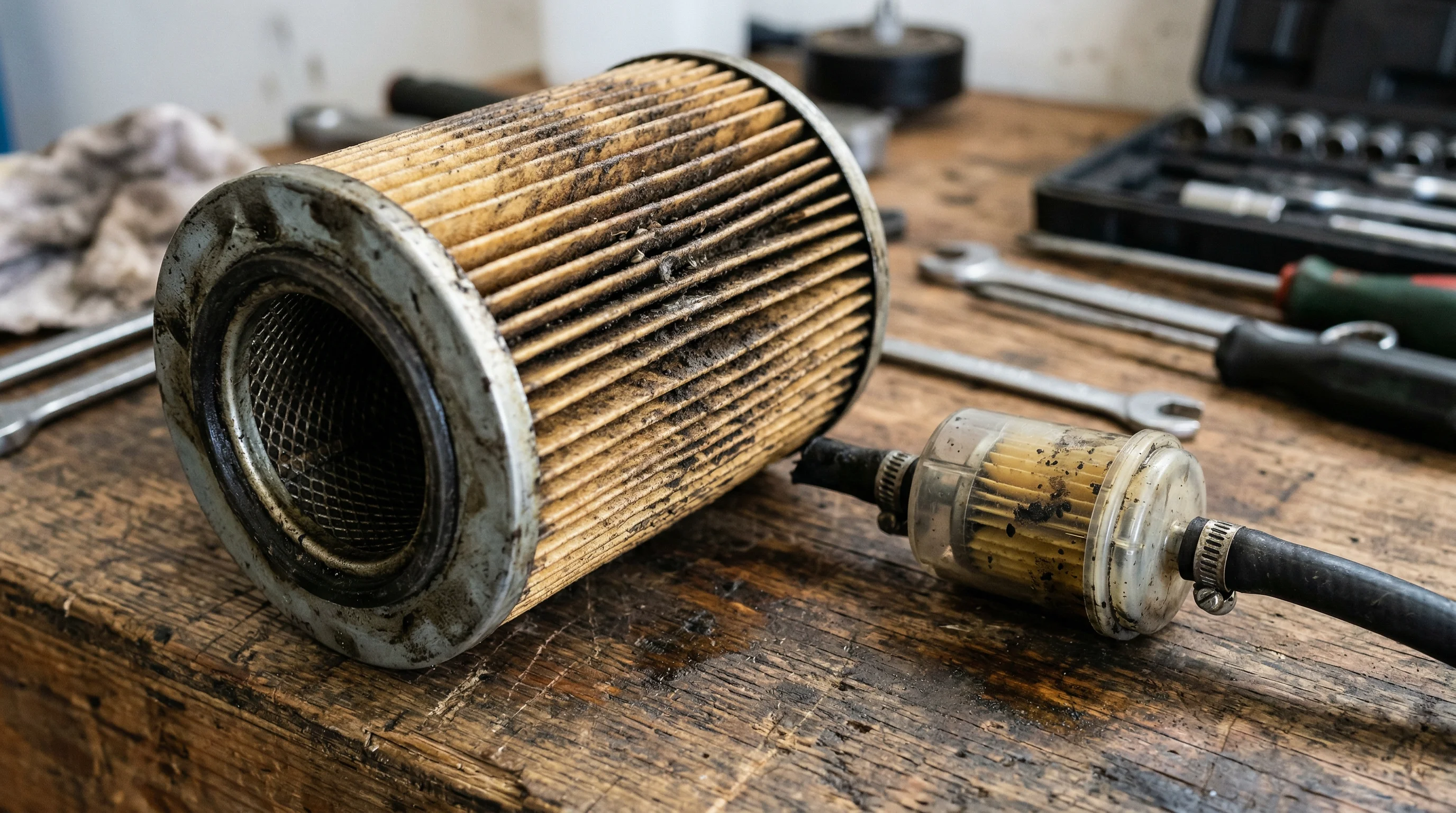 air and fuel filters of walk-behind tractor on workbench