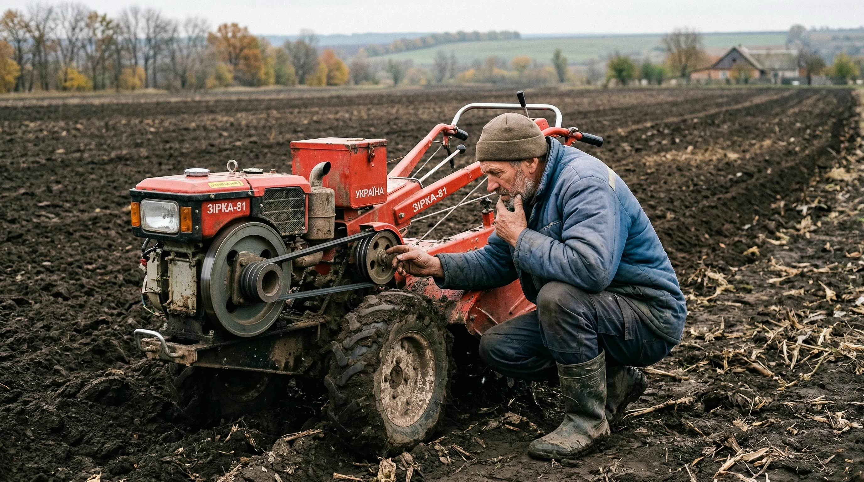 Man inspecting motoblock belt drive mechanism in the field
