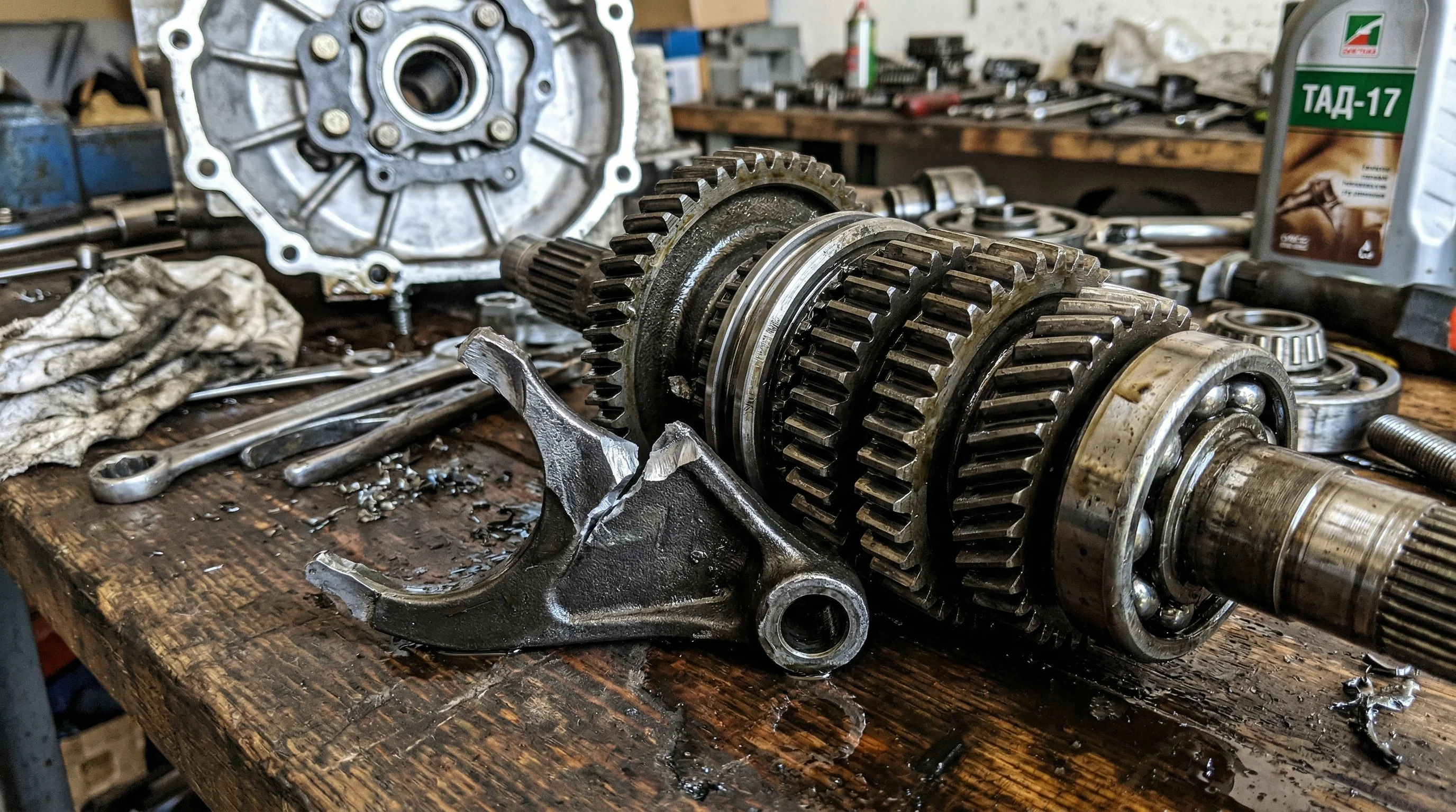 Disassembled motoblock gearbox showing metal gears and a broken shift fork