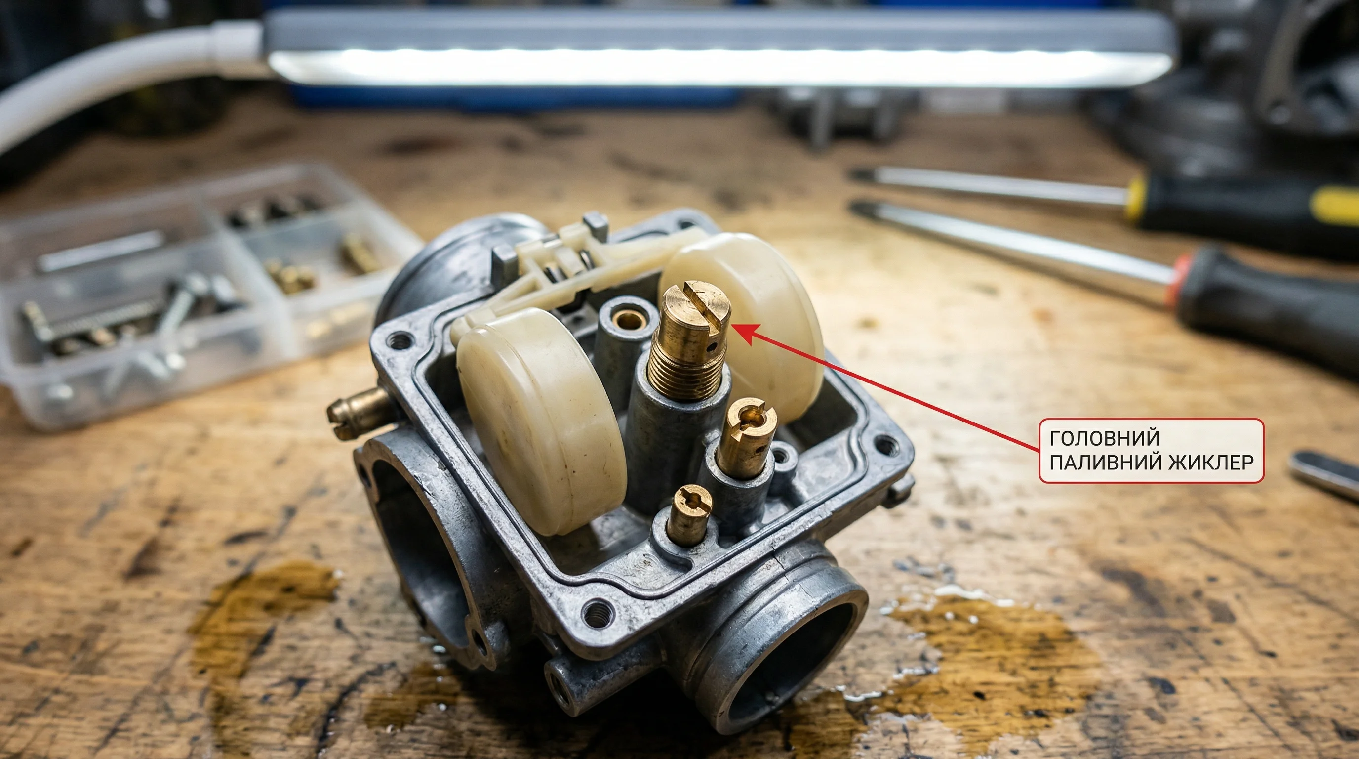 disassembled walk-behind tractor carburetor main jet