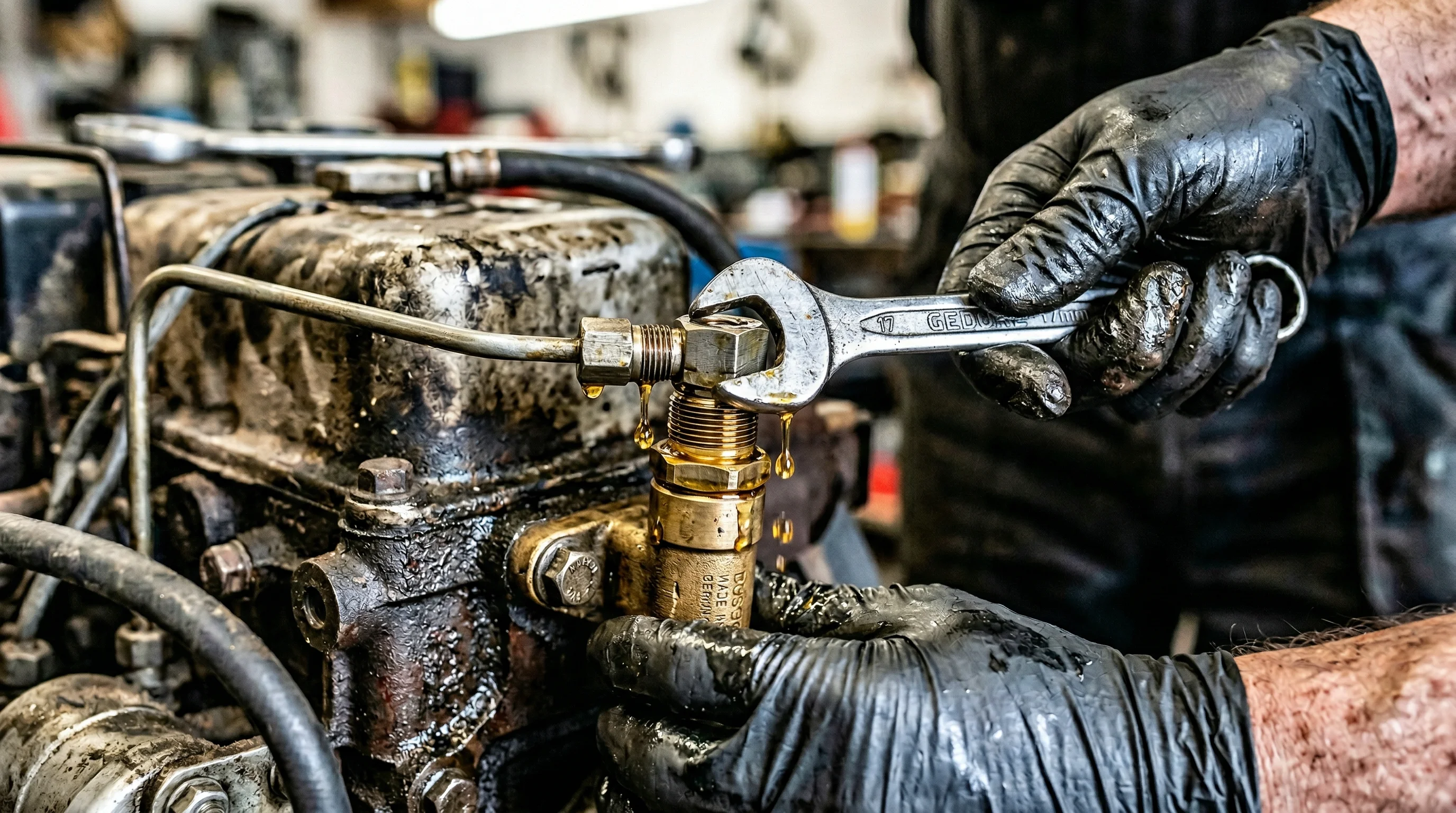 mechanic bleeding air from a diesel engine injector using a wrench