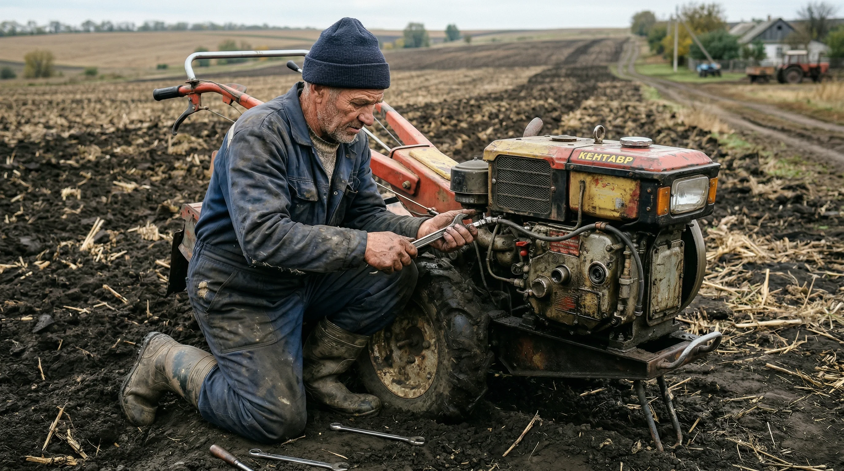 farmer diagnosing a broken diesel walk-behind tractor in the field