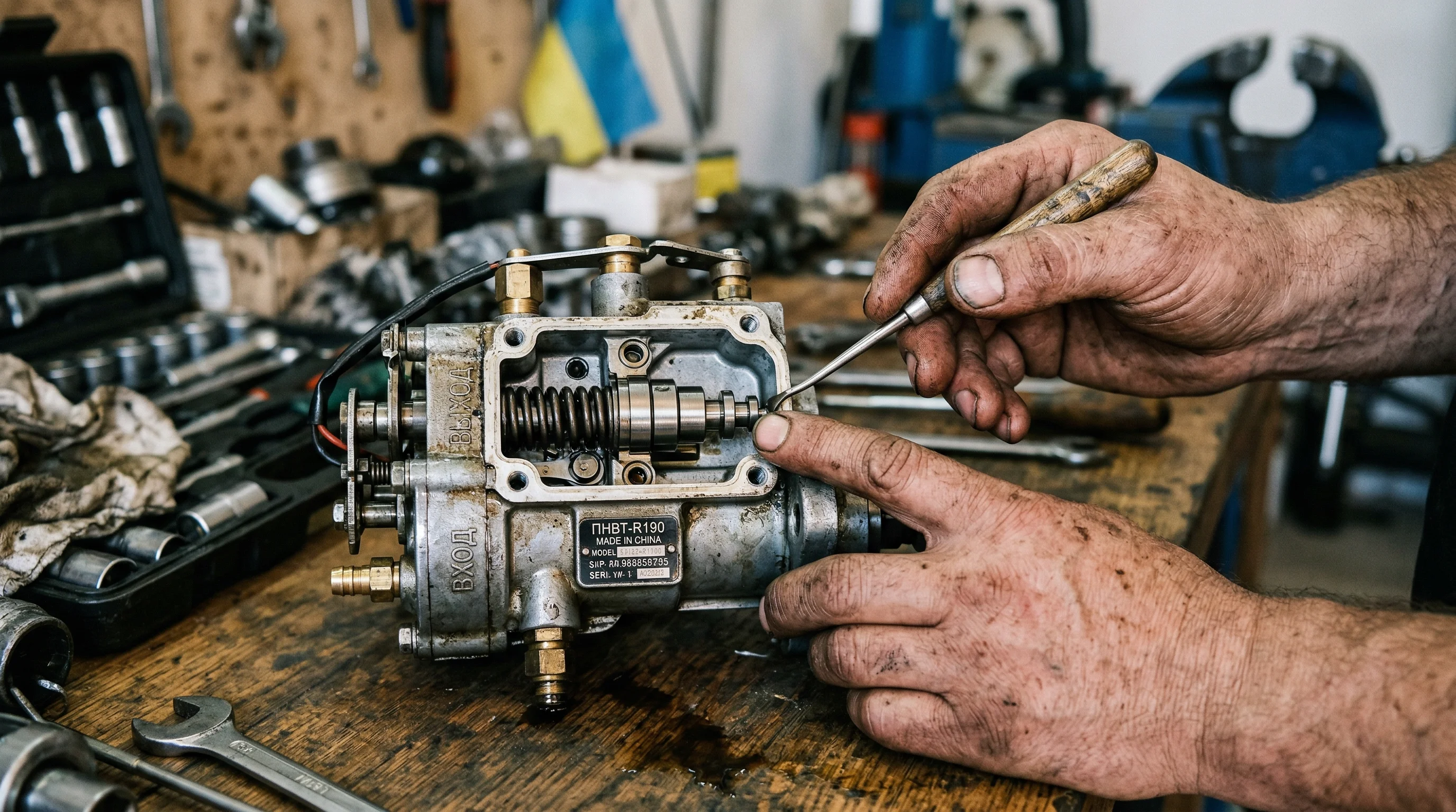 mechanic inspecting high pressure fuel pump on a compact tractor