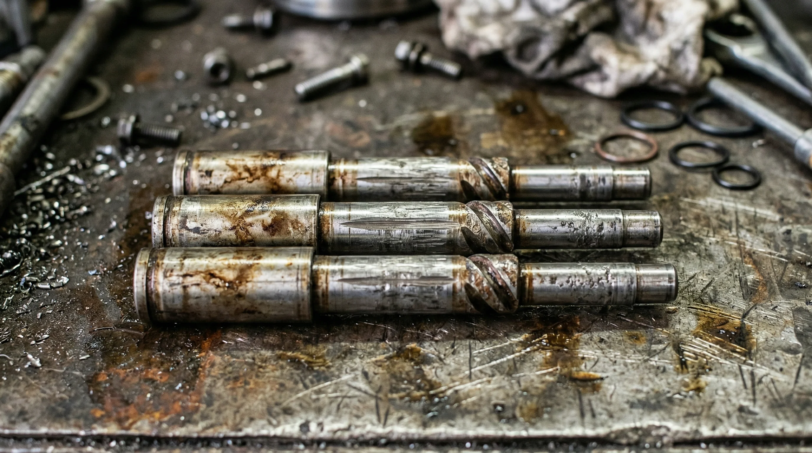 disassembled mechanical fuel pump showing worn plunger pairs