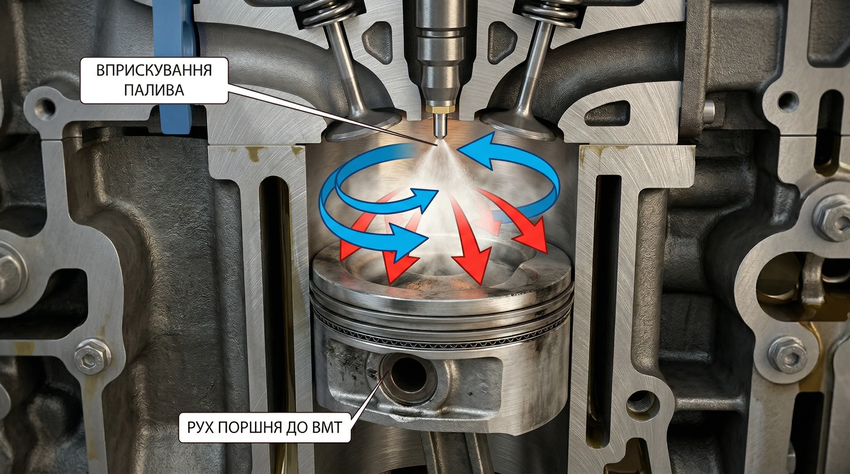 detailed cross section of a diesel engine cylinder during compression and injection stroke