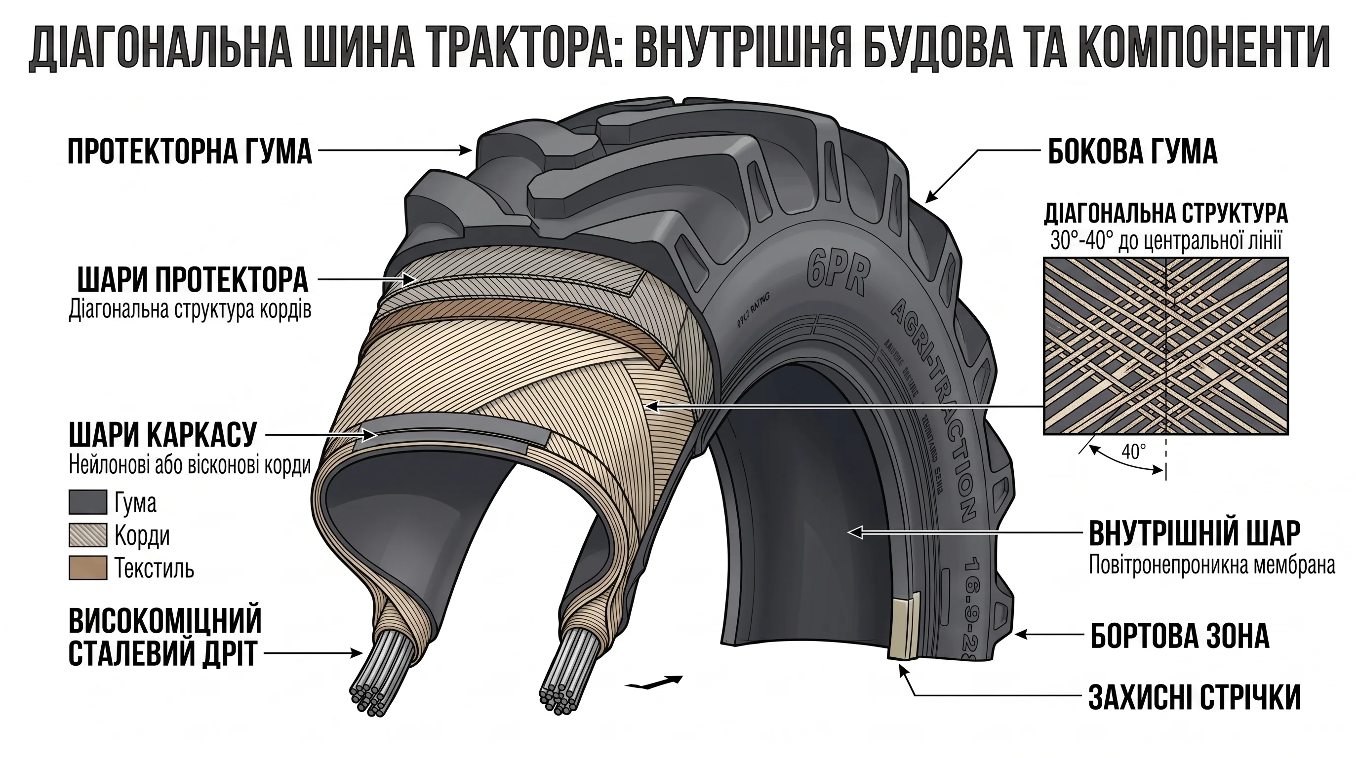 Cutaway of a tractor tire showing diagonal cord structure and 6PR marking