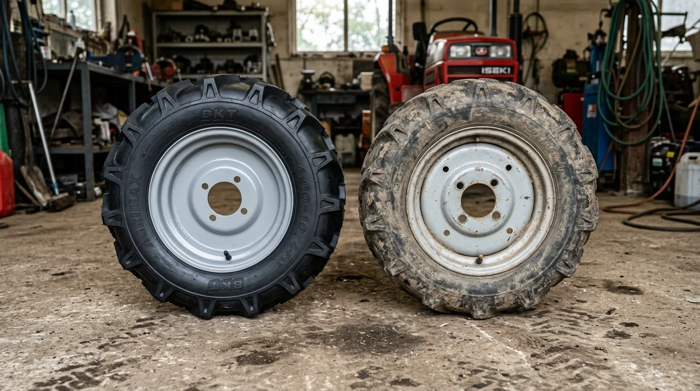 Assembled new front wheel for mini tractor with agricultural tread next to a worn out rim