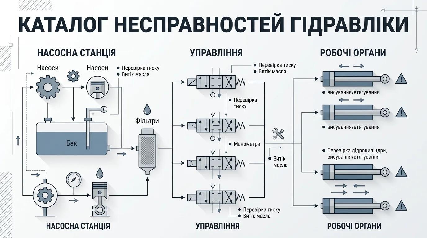 Catalog of hydraulic faults: diagnostics of NS pumps, distributors and hydraulic cylinders