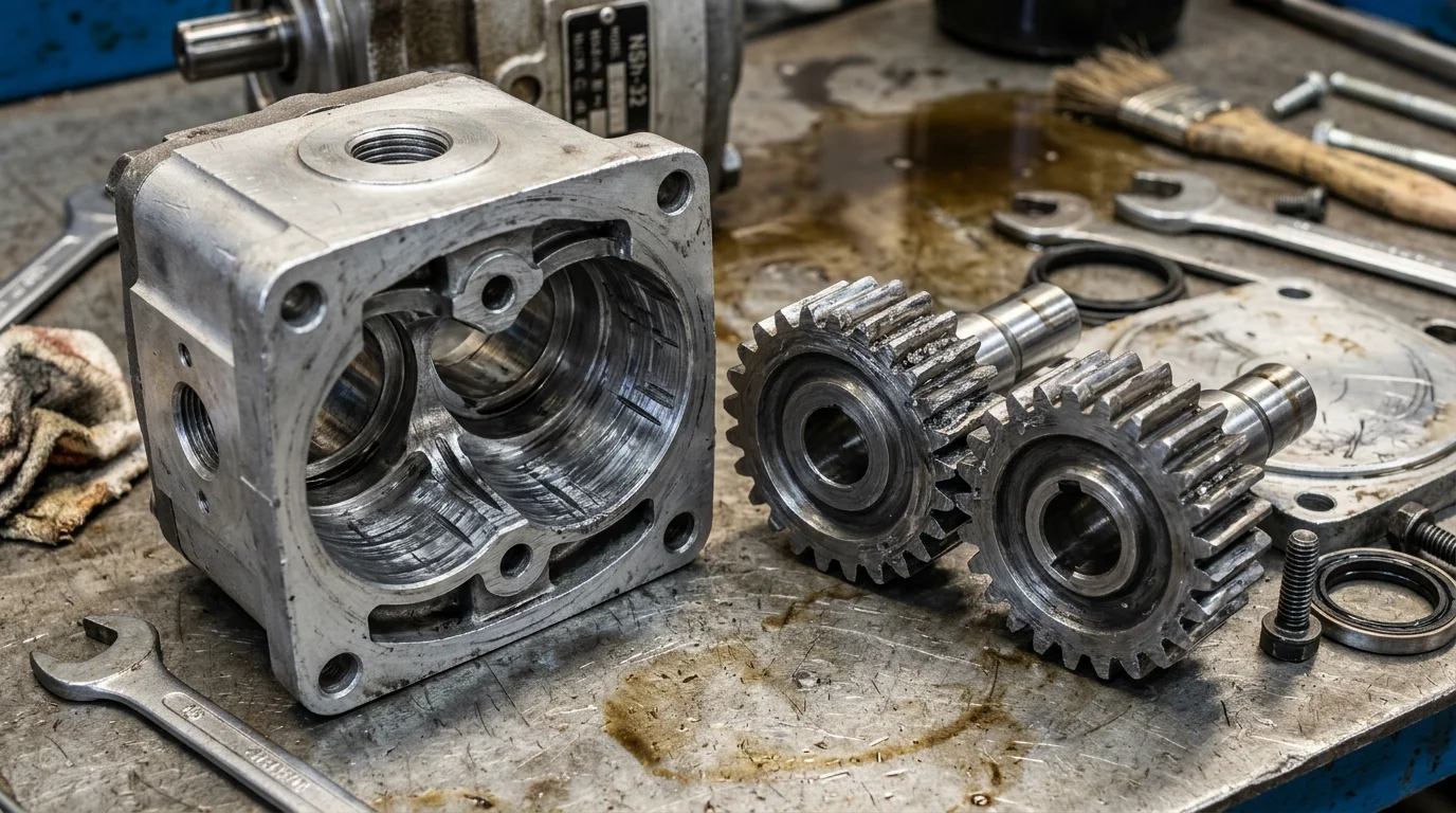 disassembled gear pump nsh with visible metal shavings and wear on the housing