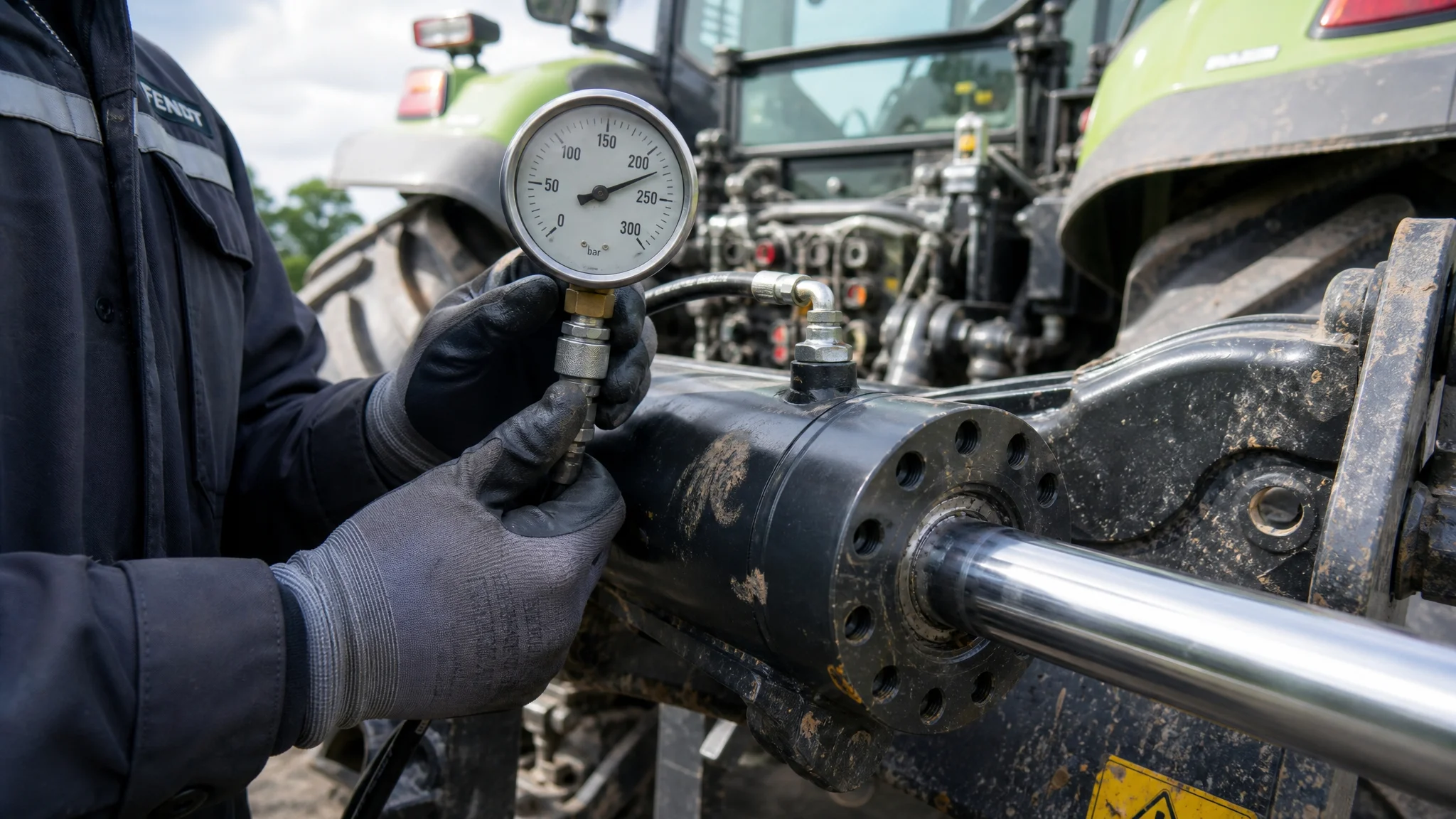 mechanic checking hydraulic cylinder pressure with a manometer gauge