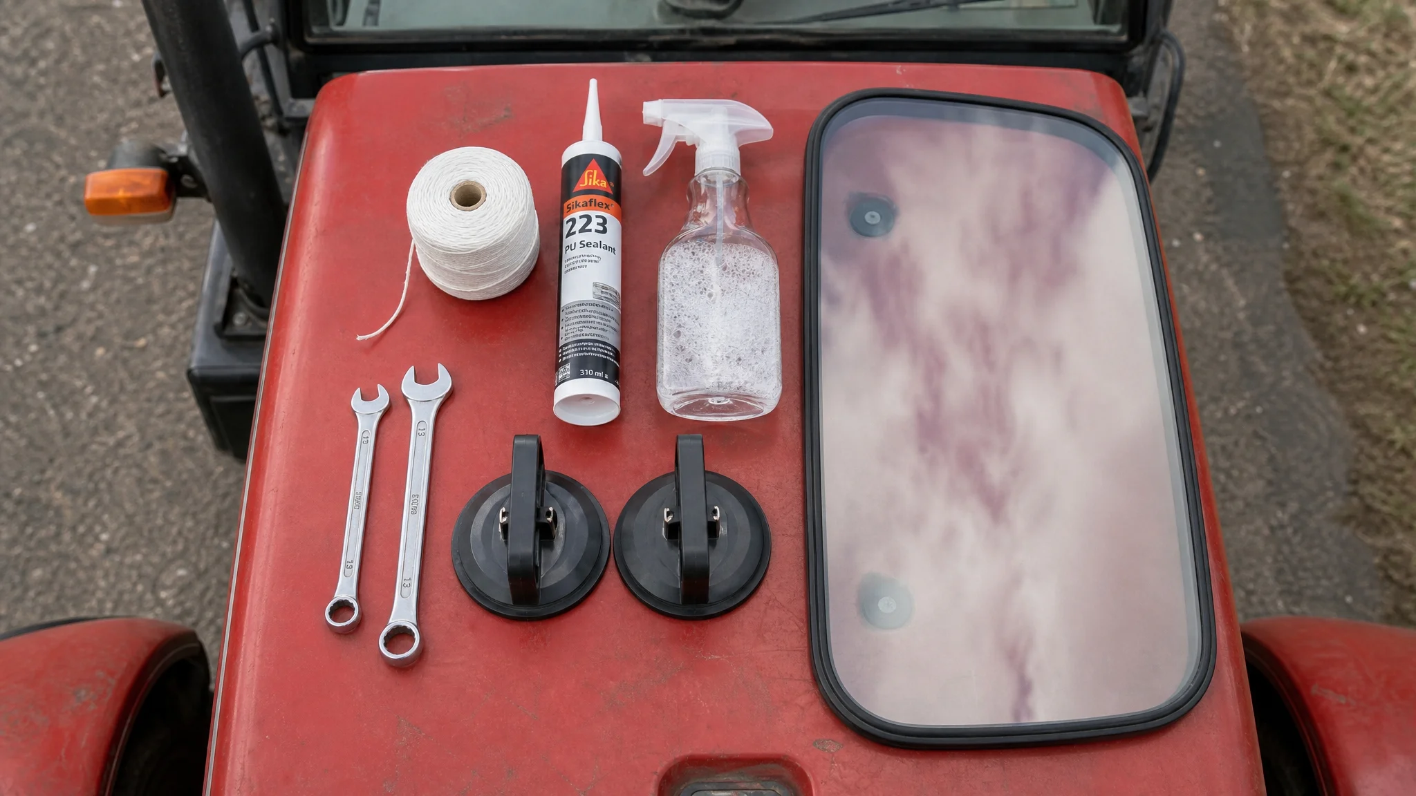Tools and new side glass prepared on a tractor hood for field repair