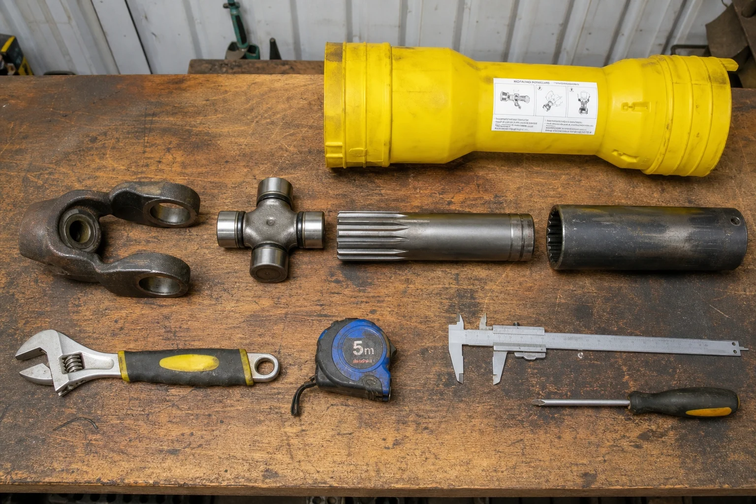 anatomy of a pto drive shaft showing yoke cross tubes and safety shield