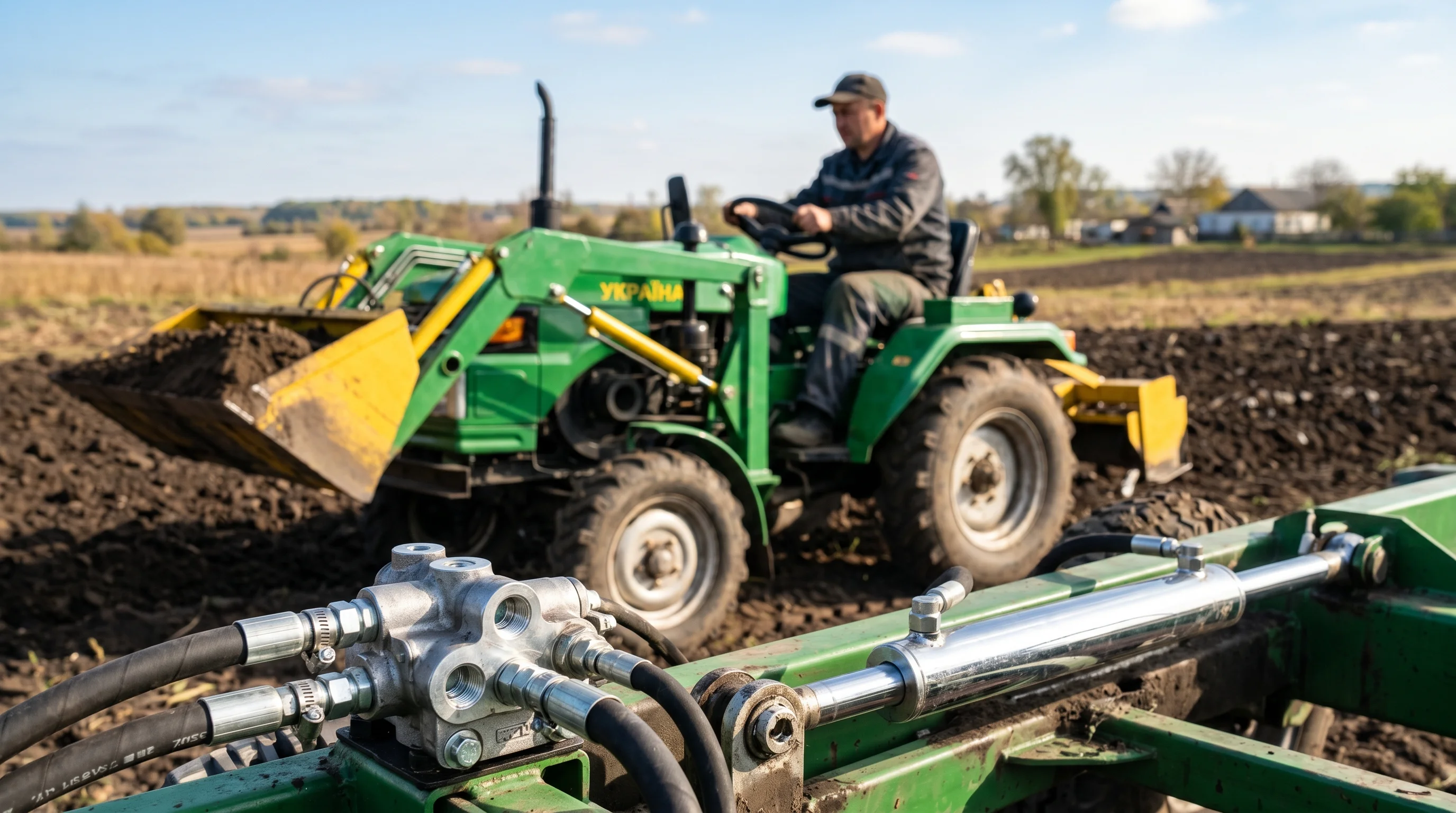 Mini tractor with front loader and installed power steering system in the field