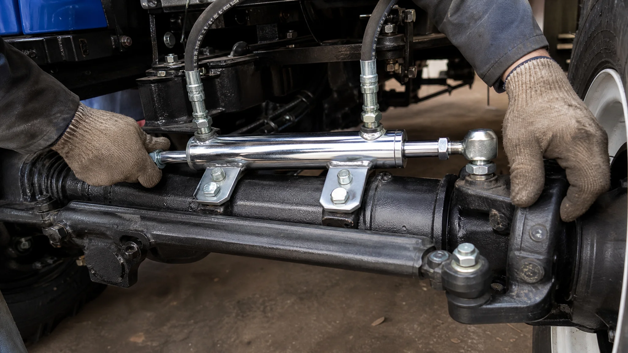 Mechanic installing a new hydraulic cylinder on the front axle of a mini tractor