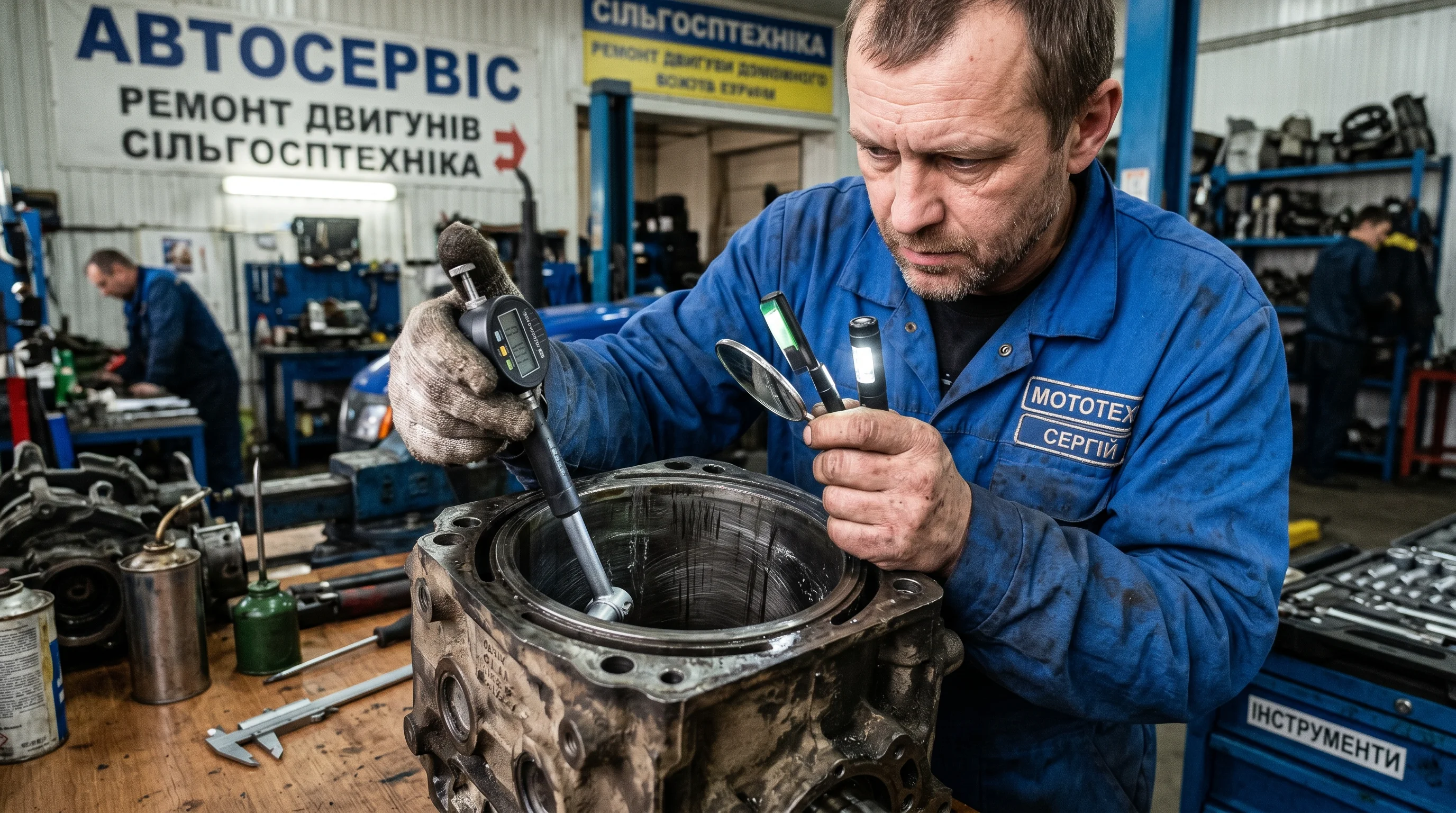worn cylinder block of a diesel engine during inspection at a repair shop
