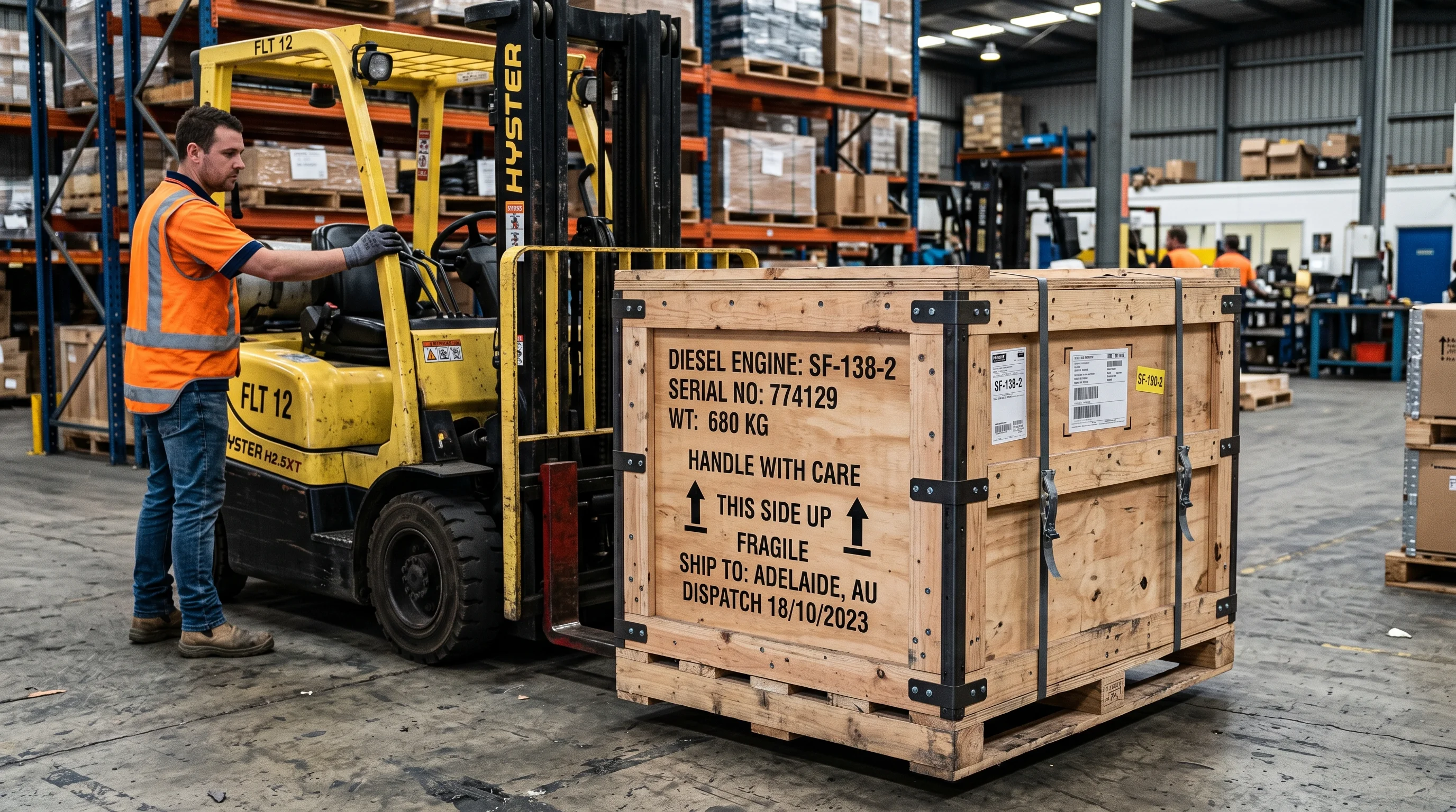 wooden shipping crate with an engine prepared for dispatch at a warehouse