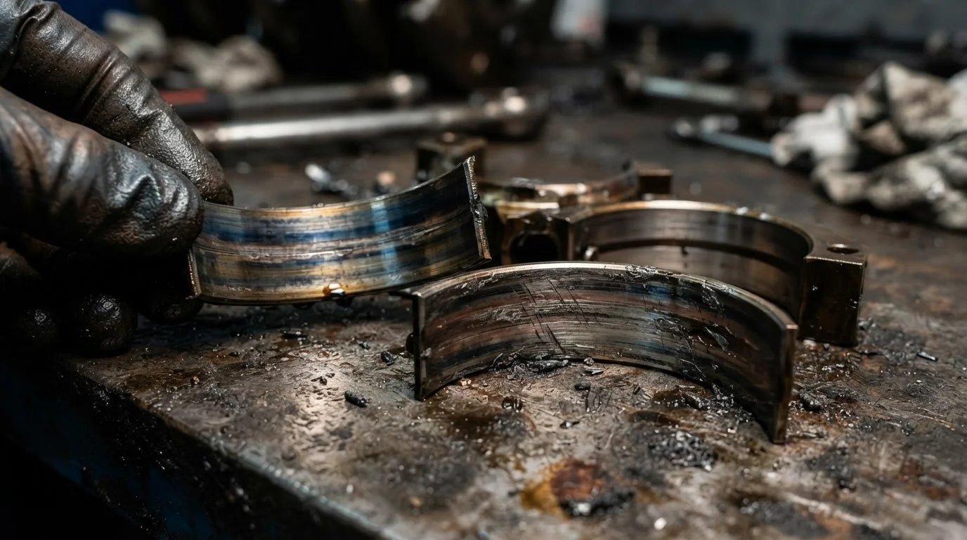 Engine bearings damaged by dirty oil and metal shavings
