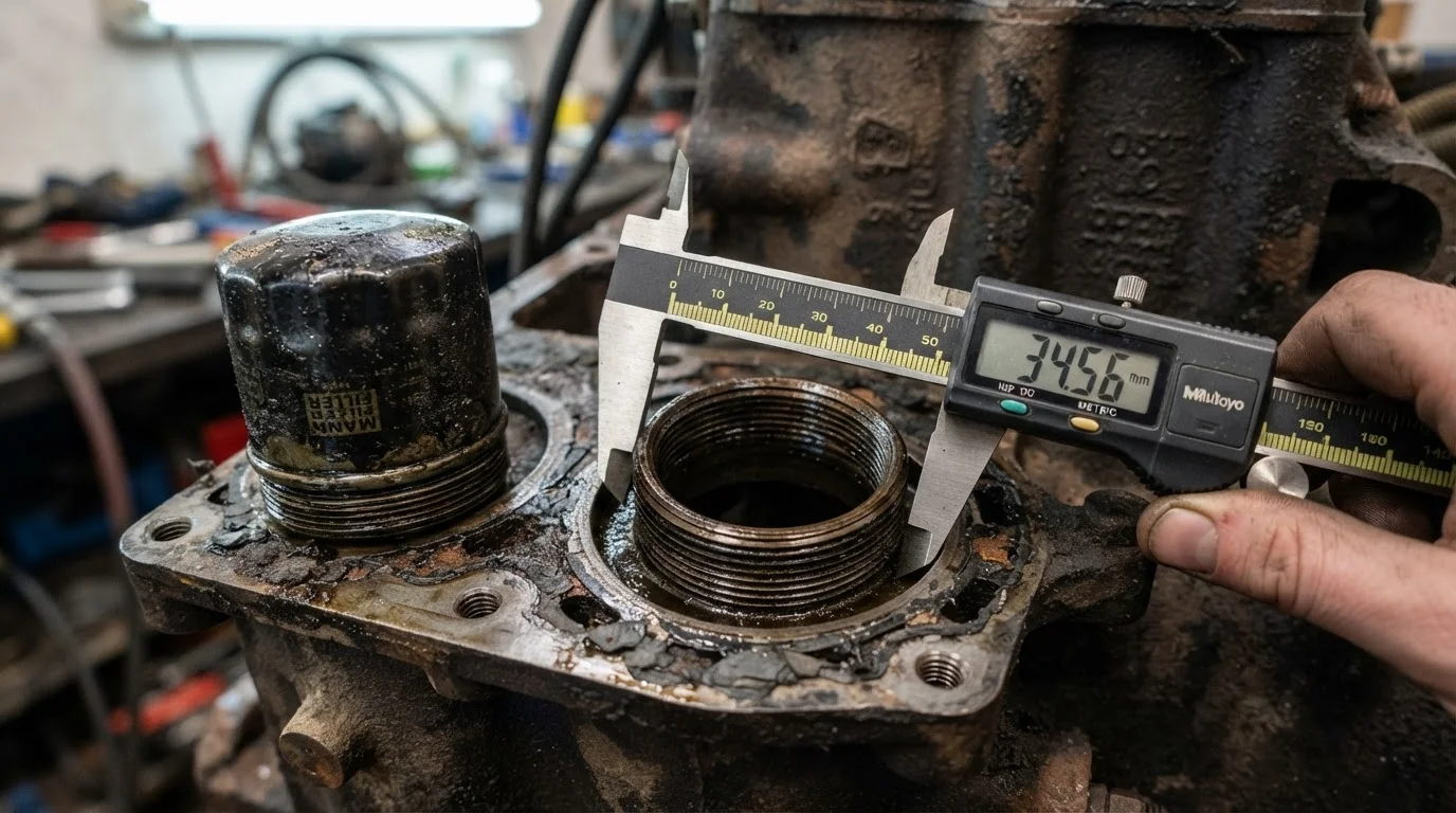 Measuring tractor oil filter thread with digital caliper