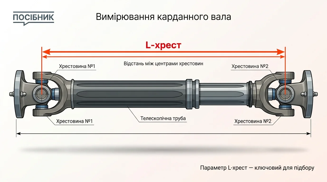 Technical diagram of a PTO shaft demonstrating the correct measuring points between the centers of two universal joints