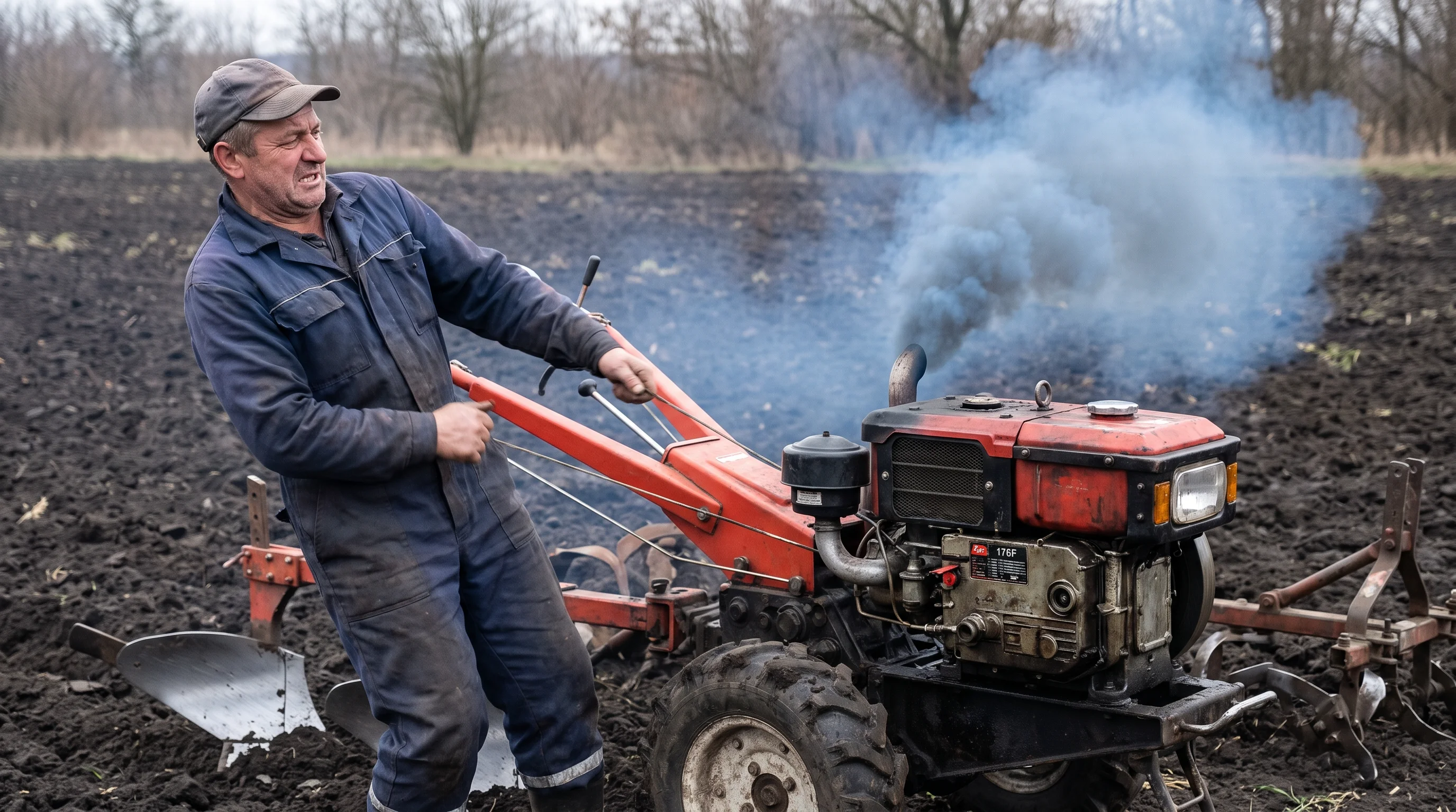 frustrated farmer trying to start a diesel walk-behind tractor with blue smoke coming from the exhaust