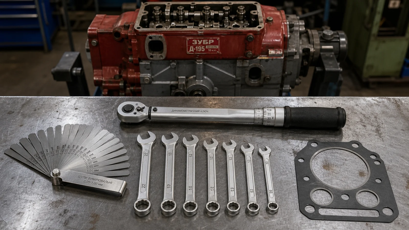 mechanic tools for adjusting diesel engine valves neatly arranged on a workbench