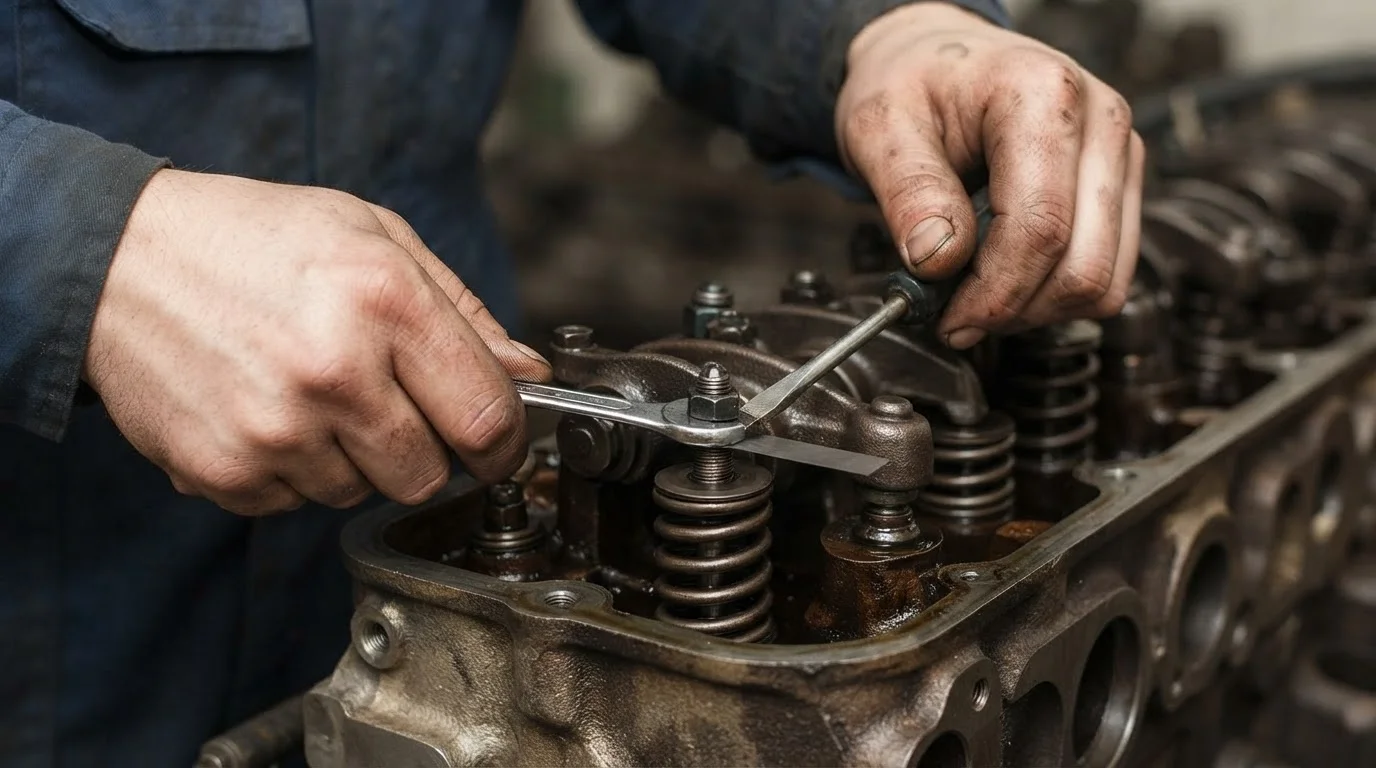 close-up view of a mechanic's hands adjusting valve clearance with a feeler gauge, wrench, and screwdriver