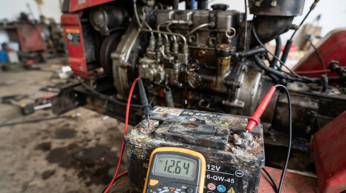 Checking tractor battery voltage with a digital multimeter on the field