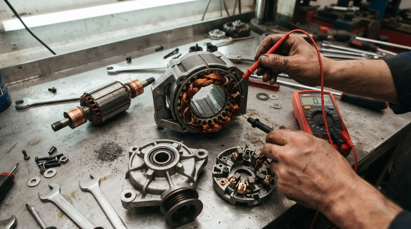 Testing JF11C alternator stator resistance with a multimeter on a workbench