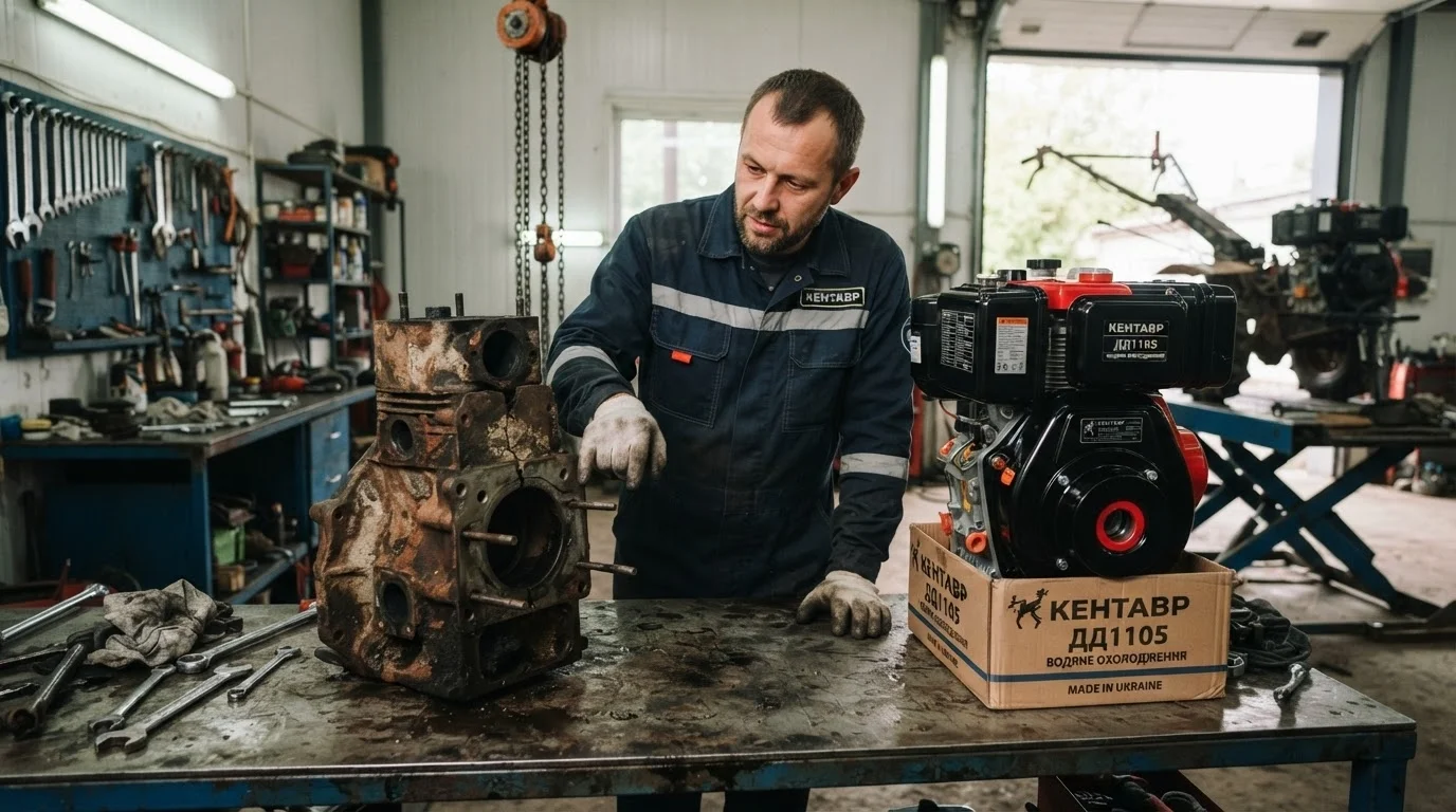 Mechanic comparing a cracked old engine block with a brand new diesel engine in a workshop