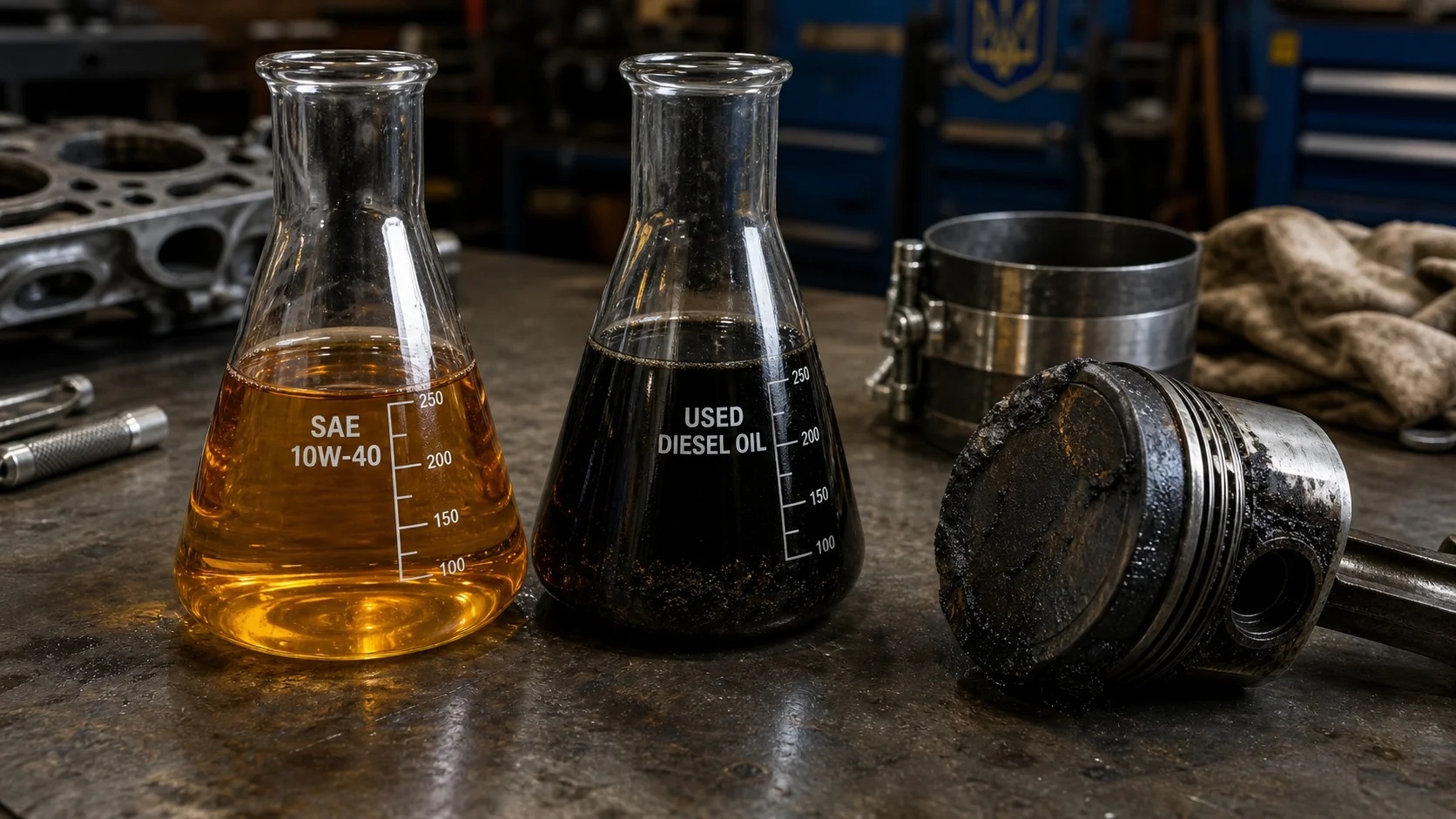 clean vs used diesel engine oil in flasks next to a tractor piston