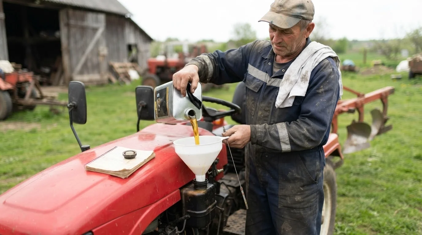 A mechanic pouring specific hydraulic fluid into a mini tractor using a funnel