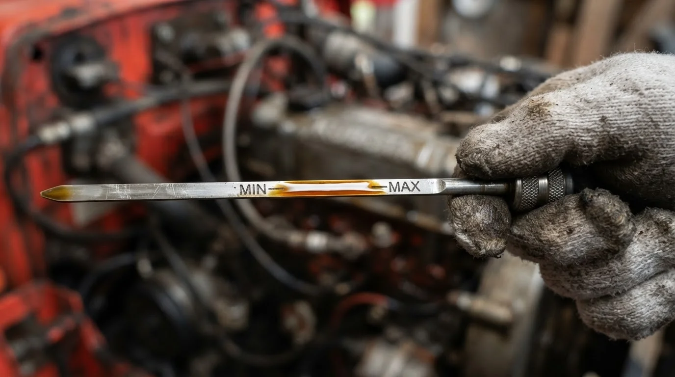 Close up of a gloved hand holding an engine oil dipstick showing the correct oil level between MIN and MAX marks