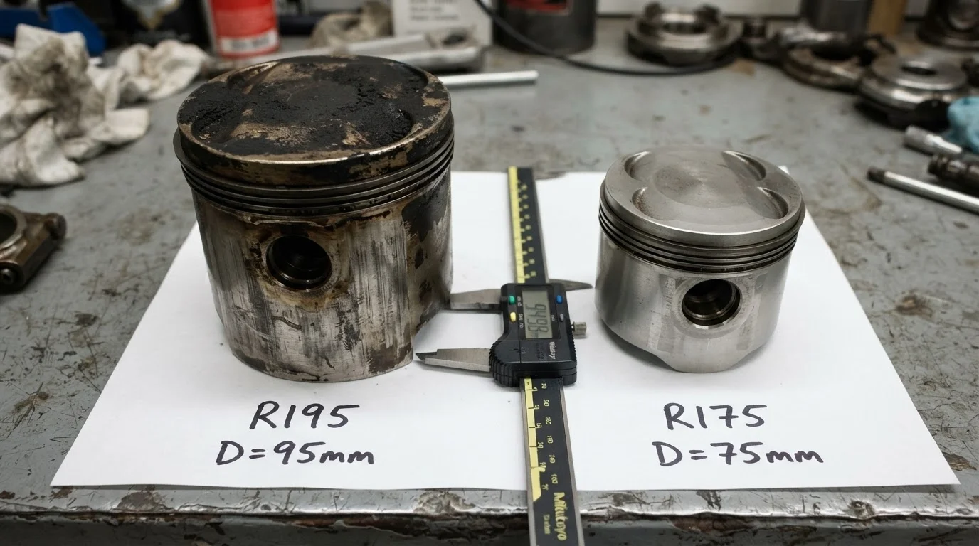 Mechanic hands tightly holding a digital caliper measuring the diameter of a worn piston against a blurred engine block