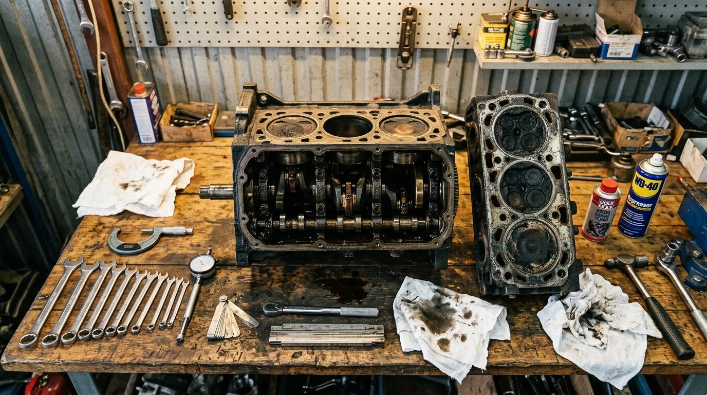 disassembled lovol minitractor engine on a mechanic workbench