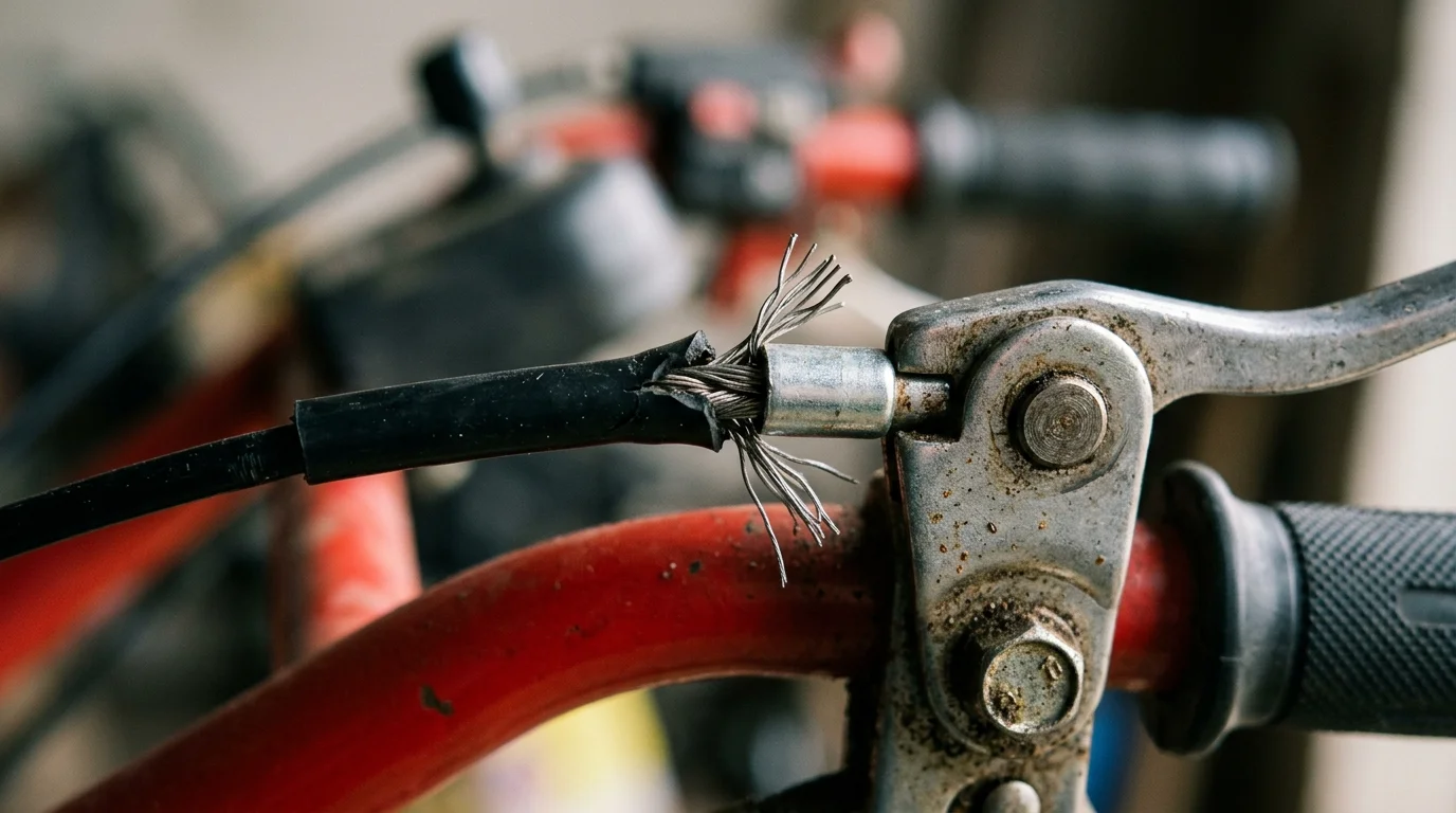 Frayed clutch cable threads on a walk-behind tractor lever macro shot