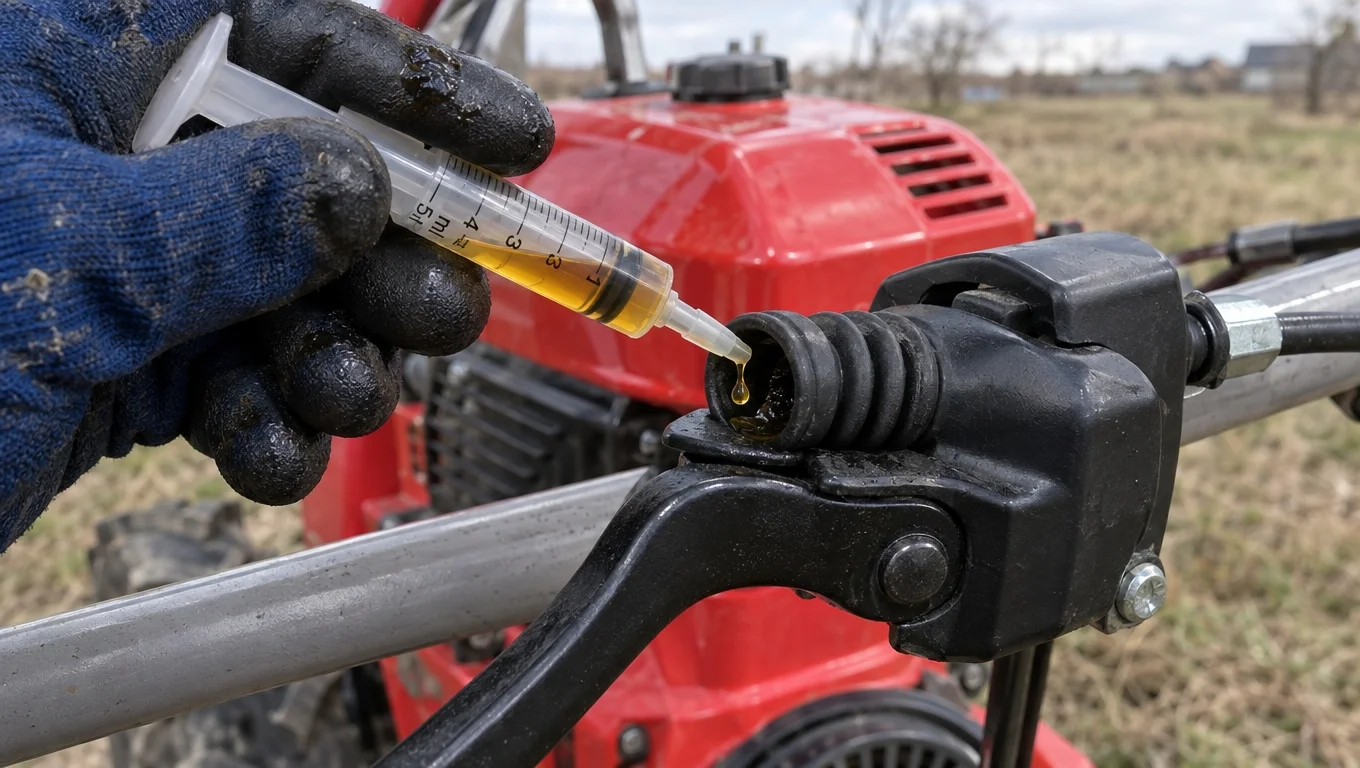 Lubricating a walk-behind tractor control cable using a syringe with motor oil
