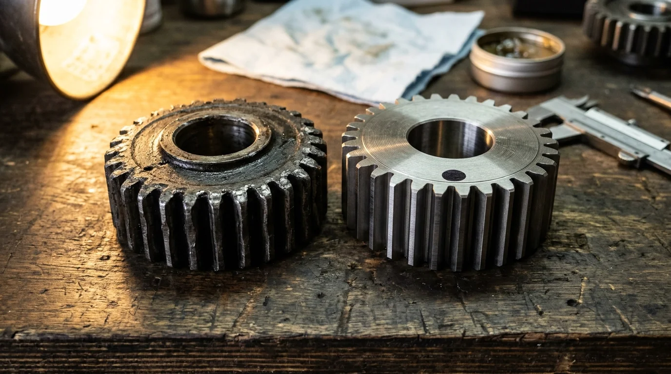 comparison of worn and new cylindrical gears for rotary tiller