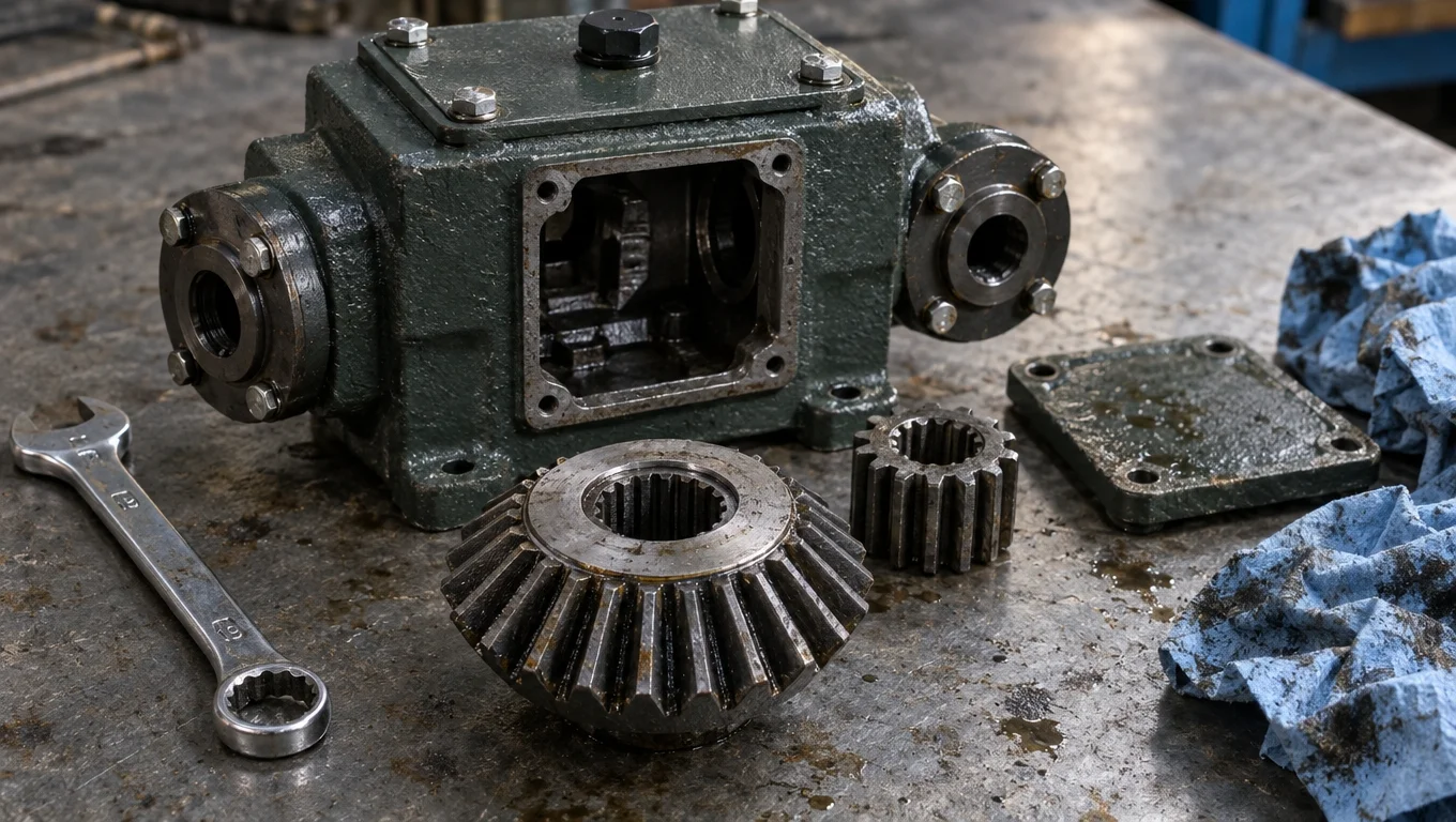 disassembled 1gqn rotary tiller gearbox on a workbench