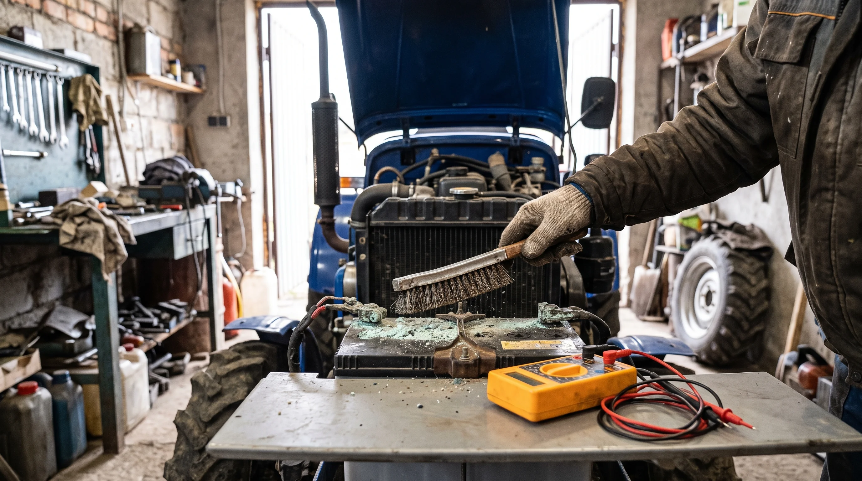 mechanic cleaning tractor battery terminals